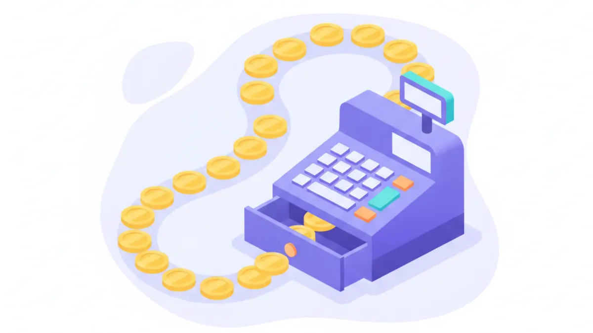 Ilustración de un río de monedas entrando y saliendo de una caja registradora