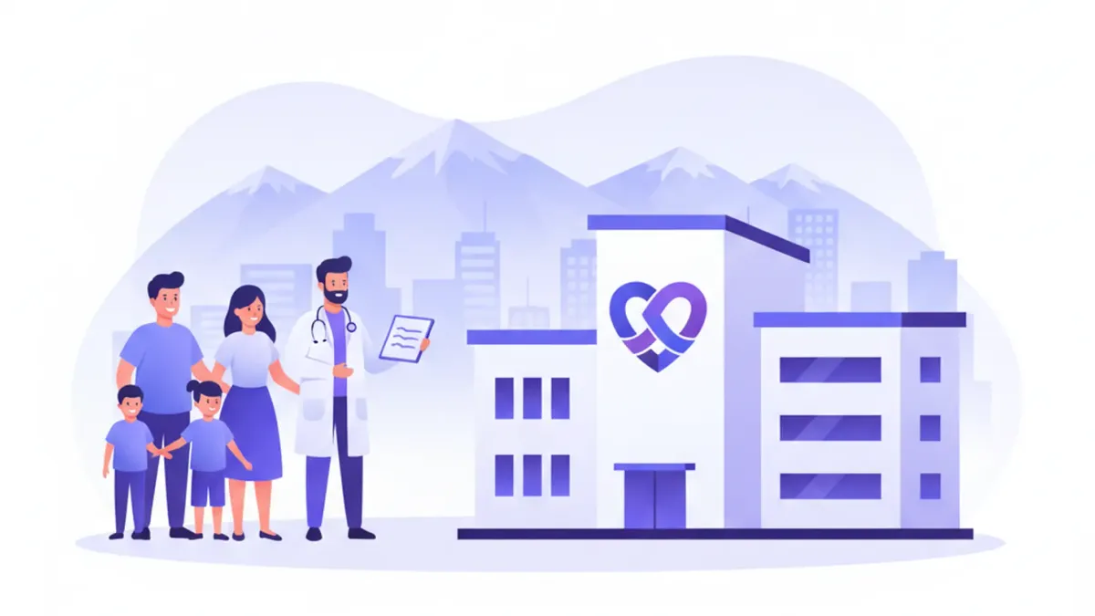 Ilustración de una familia y un médico junto a un hospital público con un símbolo de corazón, con el horizonte de Santiago y la cordillera