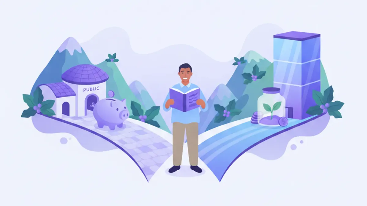 Hombre leyendo un libreto en la bifurcación de dos caminos: a un lado una casa pública con una alcancía y al otro un frasco de monedas con una planta y un edificio moderno, entre montañas con cafetales