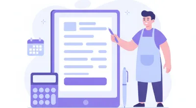 Ilustración de un comerciante con delantal señalando un documento de cotización en una tableta, junto a una calculadora, una pluma y un calendario