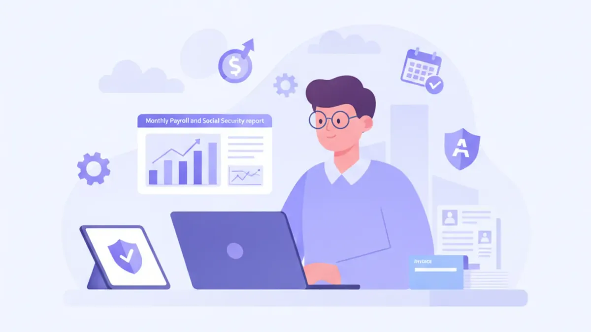 Empleador revisando en una computadora la declaración jurada mensual de seguridad social de sus empleados