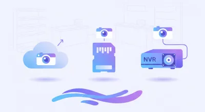 Ilustración de tres formas de guardar la grabación de una cámara: una nube, una tarjeta microSD y un equipo NVR con disco, comparadas lado a lado