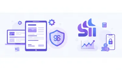 Ilustración vectorial de una boleta electrónica con iconos de SII y certificado digital