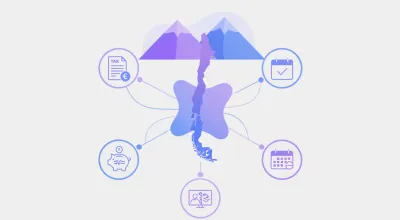 Ilustración de un mapa de Chile con íconos conectados de factura, pensiones, salud, contrato y calendario