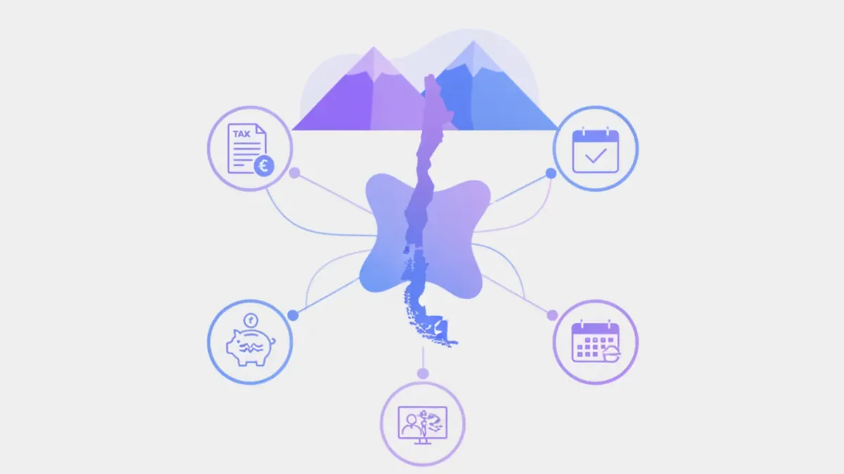 Ilustración de un mapa de Chile con íconos conectados de factura, pensiones, salud, contrato y calendario