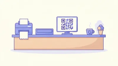 Ilustración de un mostrador de cafetería con una impresora de tickets, un cajón de dinero y una pantalla mostrando un código QR de cobro