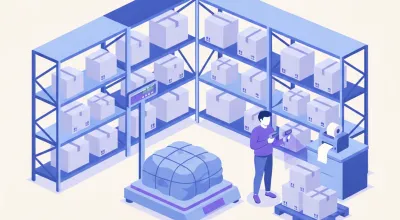 Ilustración de un depósito chico con estanterías, una balanza de piso con un bulto grande y una persona escaneando cajas con un lector inalámbrico antes de despachar