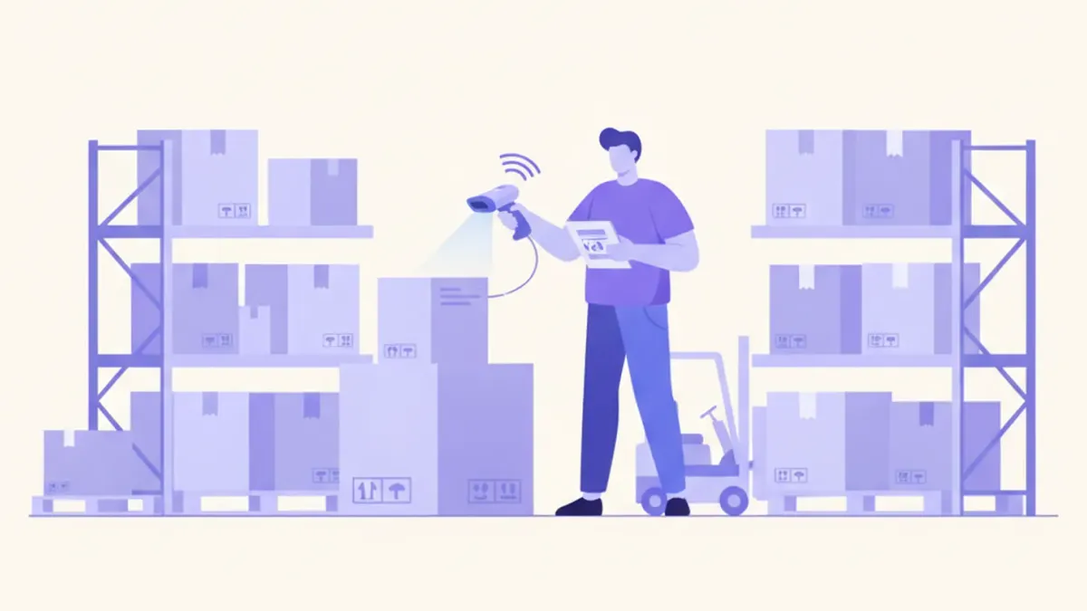 Ilustración de un operario en un depósito de distribuidora escaneando cajas con un lector de código de barras inalámbrico conectado a una tablet