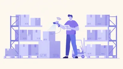Ilustración de un operario en un depósito de distribuidora escaneando cajas con un lector de código de barras inalámbrico conectado a una tablet