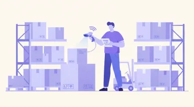 Ilustración de un operario en un depósito de distribuidora escaneando cajas con un lector de código de barras inalámbrico conectado a una tablet