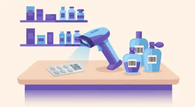 Ilustración de un lector 2D escaneando el código DataMatrix de un blister de medicamentos junto a perfumes con código de barras en el mostrador de una farmacia