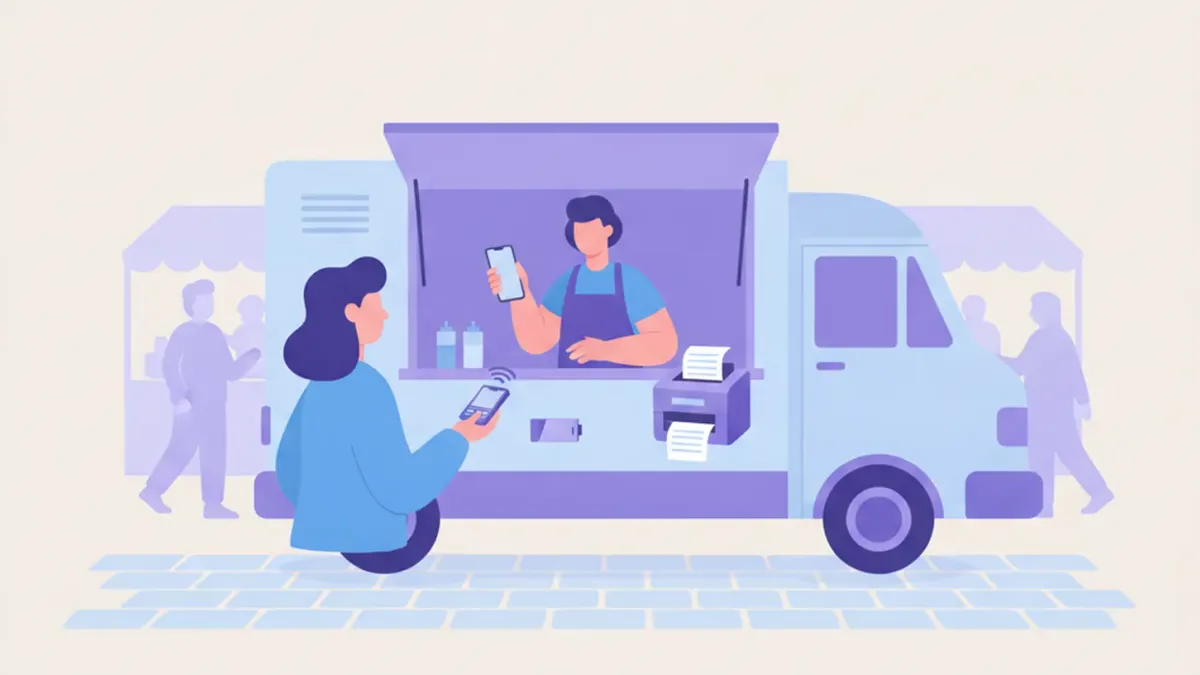 Ilustración de un puesto de food truck en una feria cobrando con celular y una impresora térmica portátil a batería