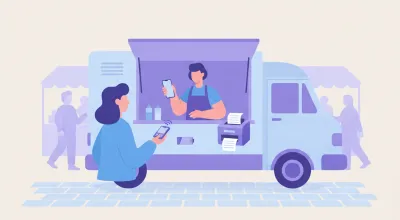 Ilustración de un puesto de food truck en una feria cobrando con celular y una impresora térmica portátil a batería