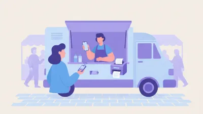 Ilustración de un puesto de food truck en una feria cobrando con celular y una impresora térmica portátil a batería