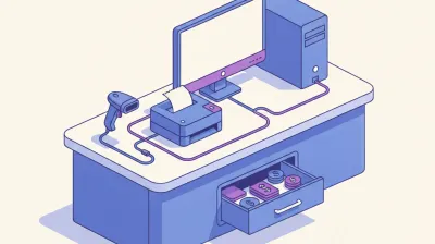 Ilustración del mostrador de un kiosco con la PC, el lector de código de barras, la impresora térmica y el cajón de dinero ya conectados con los cables ordenados