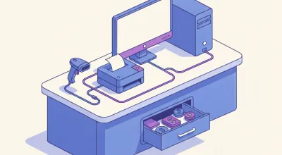Ilustración del mostrador de un kiosco con la PC, el lector de código de barras, la impresora térmica y el cajón de dinero ya conectados con los cables ordenados