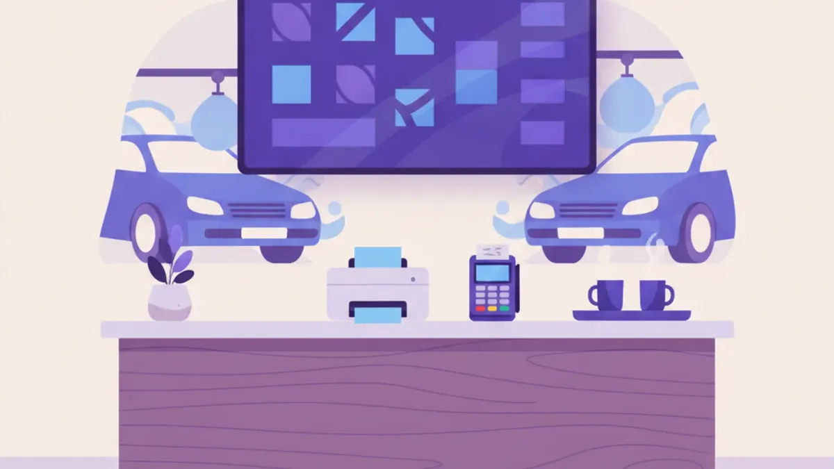 Ilustración del mostrador de un lavadero de autos con una pantalla de turnos en la pared, una impresora térmica y una terminal de pago sobre el escritorio