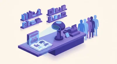 Ilustración de un lector fijo omnidireccional escaneando un libro y una caja de juguetes en el mostrador de una librería en temporada alta