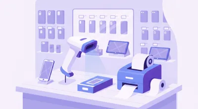 Ilustración del mostrador de un local de celulares con un lector 2D escaneando la caja de un equipo y una impresora de etiquetas para los accesorios en el vidriera