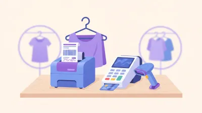 Ilustración de una impresora de etiquetas imprimiendo una etiqueta de precio con código de barras para una prenda de ropa junto a una terminal de pago