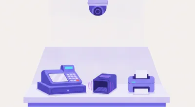 Ilustración de una caja de salida de minimarket con un lector omnidireccional fijo, una impresora térmica y una cámara IP en el techo apuntando al salón