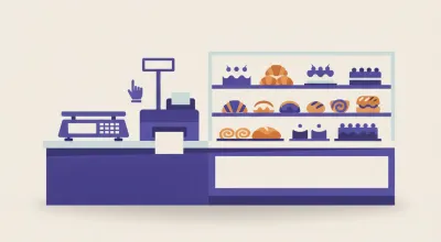 Ilustración del mostrador de una panadería con una vidriera de facturas y tortas, una balanza para pan por kilo y la caja con impresora térmica al costado