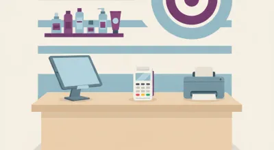 Ilustración de una recepción de peluquería con una tablet en un soporte, una terminal de pago con tarjeta y una impresora térmica chica sobre el mostrador
