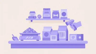 Ilustración de un mostrador de pet shop con una balanza pesando alimento balanceado a granel junto a productos envasados con código de barras