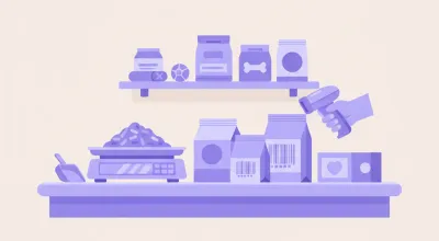 Ilustración de un mostrador de pet shop con una balanza pesando alimento balanceado a granel junto a productos envasados con código de barras