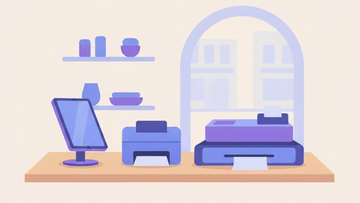 Ilustración de un mostrador de restaurante con una tablet para tomar pedidos, una impresora de cocina y una caja con impresora de tickets