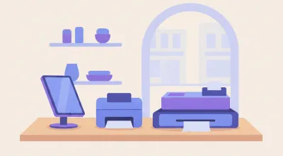 Ilustración de un mostrador de restaurante con una tablet para tomar pedidos, una impresora de cocina y una caja con impresora de tickets