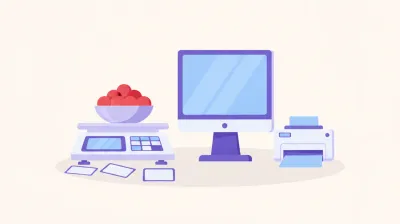 Ilustración de una balanza de verdulería sobre el mostrador pesando tomates, con la PC del punto de venta y la impresora térmica al costado, lejos del agua