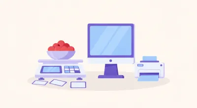 Ilustración de una balanza de verdulería sobre el mostrador pesando tomates, con la PC del punto de venta y la impresora térmica al costado, lejos del agua