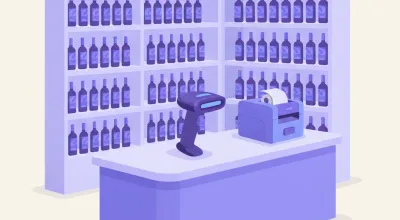 Ilustración de una vinoteca con estanterías de botellas etiquetadas, un lector de código de barras en el mostrador y una impresora de etiquetas chica al lado
