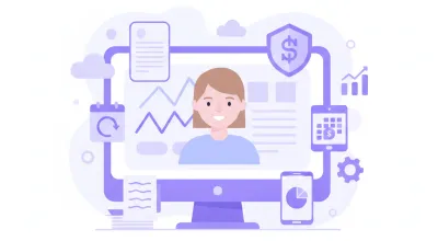 Ilustración vectorial de una persona revisando su historial laboral en una pantalla digital con íconos de seguridad social y trabajo en Uruguay