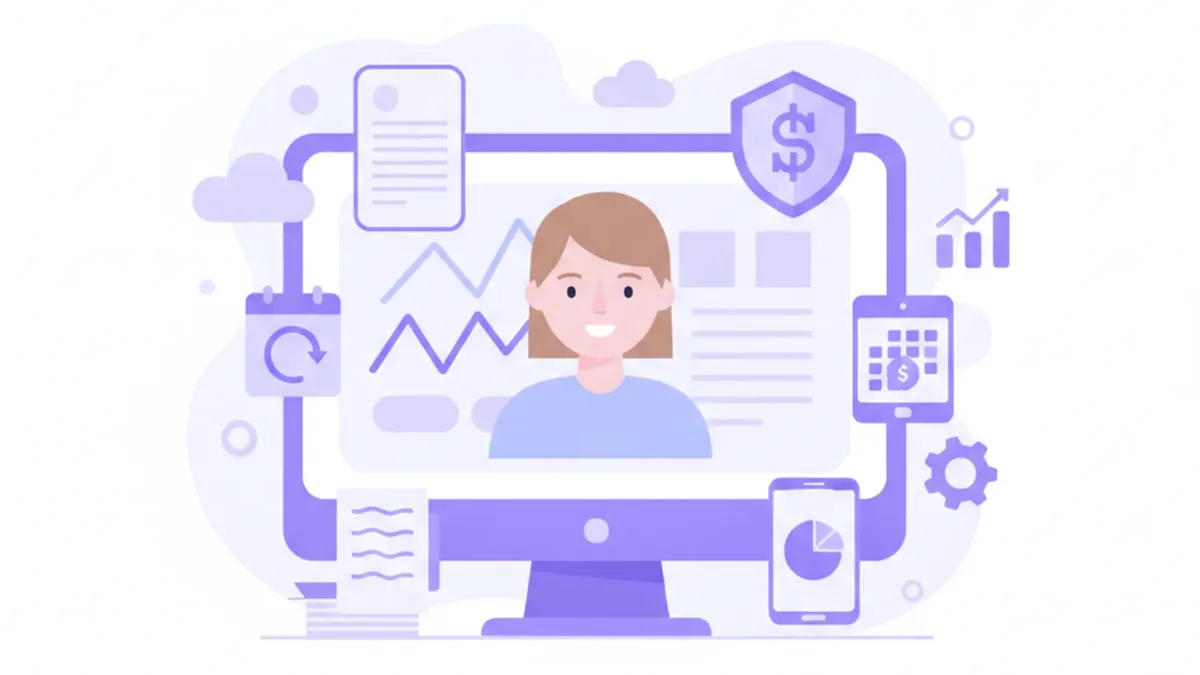Ilustración vectorial de una persona revisando su historial laboral en una pantalla digital con íconos de seguridad social y trabajo en Uruguay
