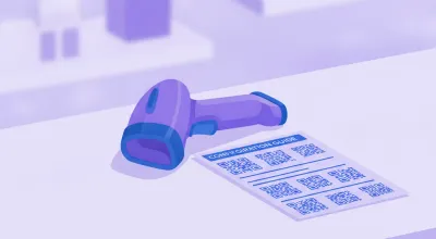 Ilustración de un lector láser Honeywell Voyager con forma de pistola apoyado sobre el mostrador de un comercio, junto a su hoja de configuración
