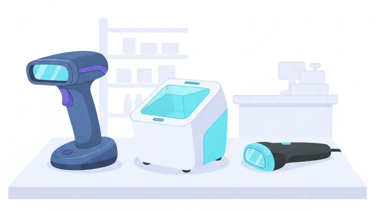 Ilustración de un lector láser Honeywell Voyager con forma de pistola apoyado sobre el mostrador de un comercio, junto a su hoja de configuración
