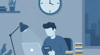 Reloj de pared marcando la noche en una oficina, trabajador con laptop y dos pilas de monedas de distinta altura