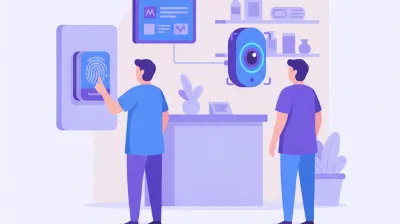 Ilustración de dos empleados fichando su llegada, uno con el dedo en un lector de huella y otro frente a una cámara de reconocimiento facial