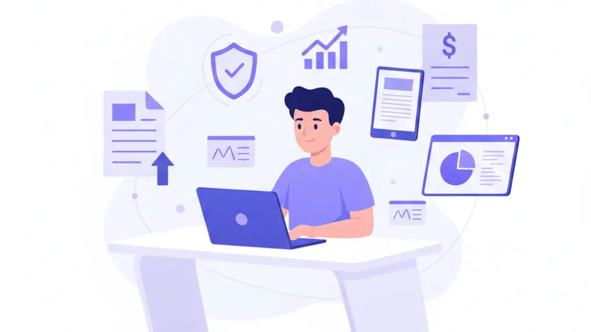 Emprendedor argentino gestionando su negocio y facturación electrónica desde una computadora portátil, ilustración vectorial flat en tonos violeta y azul
