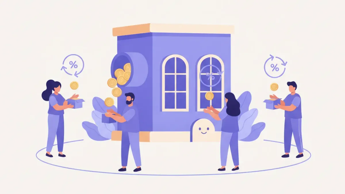 Ilustración de una empresa repartiendo monedas a sus socios con un porcentaje