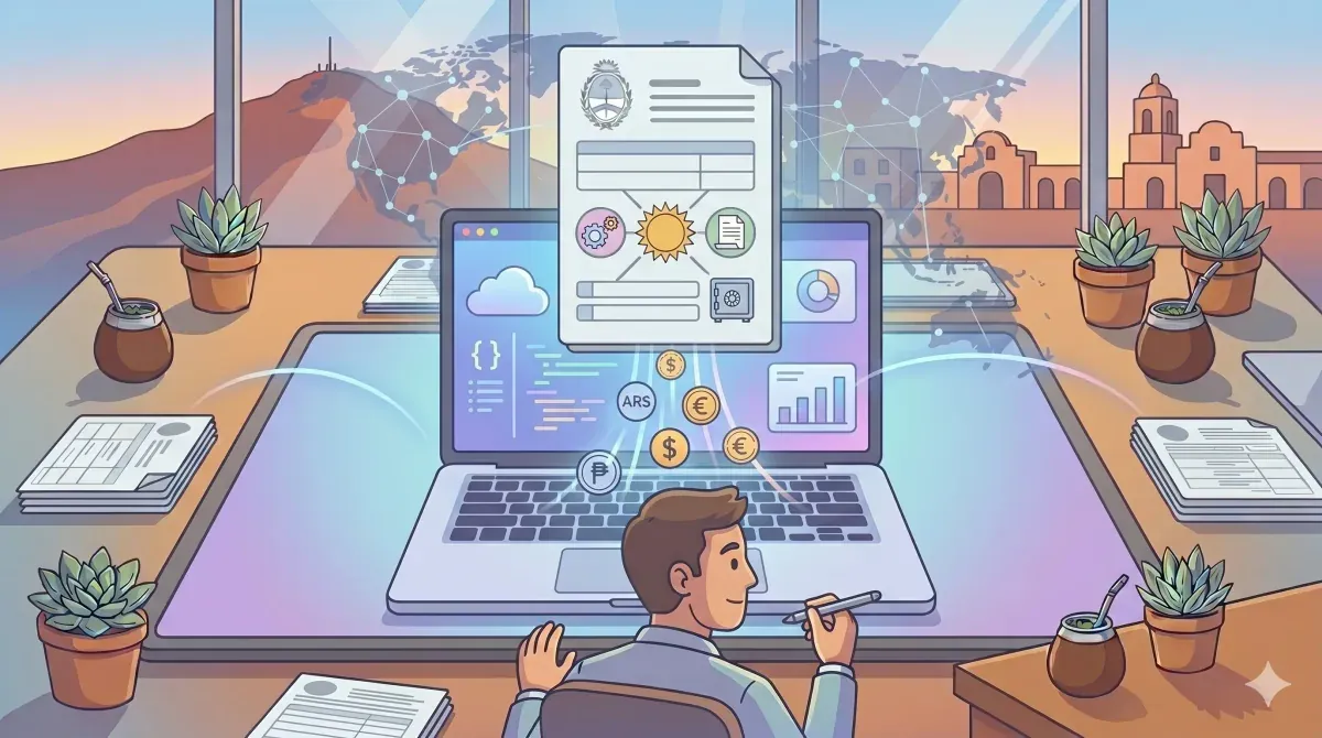 Notebook abierta con código y un formulario de impuesto a los servicios digitales superpuesto