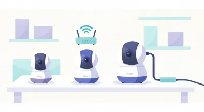 Ilustración comparando tres cámaras Imou Ranger giratorias sobre un mostrador, una conectada por Wi-Fi y otra por cable de red