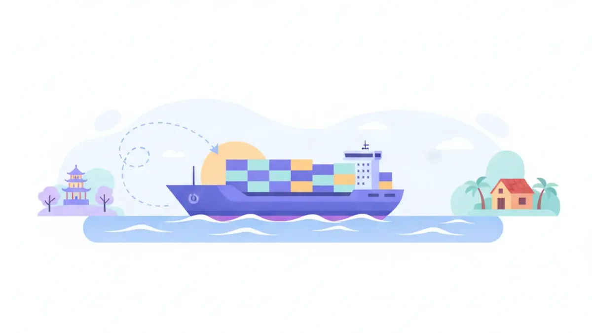 Ilustración de un barco con contenedores viajando de Asia a Sudamérica