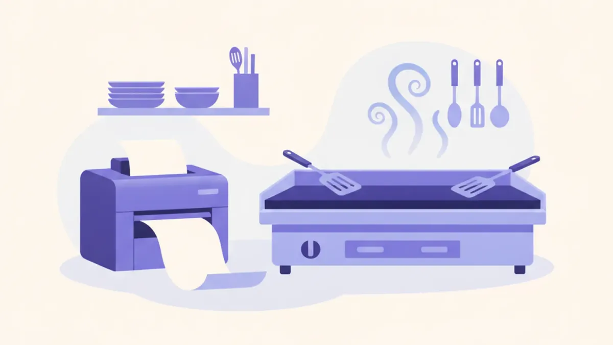 Ilustración de una impresora de cocina imprimiendo la comanda de un pedido junto a la plancha de un restaurante