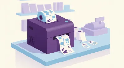 Ilustración de una impresora de etiquetas de escritorio imprimiendo una etiqueta de precio con código de barras sobre el mostrador de un comercio