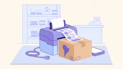 Ilustración de una impresora de etiquetas de escritorio imprimiendo una etiqueta de envío sobre una caja de e-commerce lista para despachar