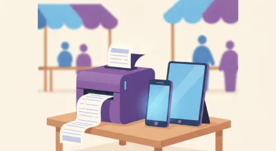 Ilustración de una impresora térmica portátil Bluetooth imprimiendo un ticket junto a un celular en una feria