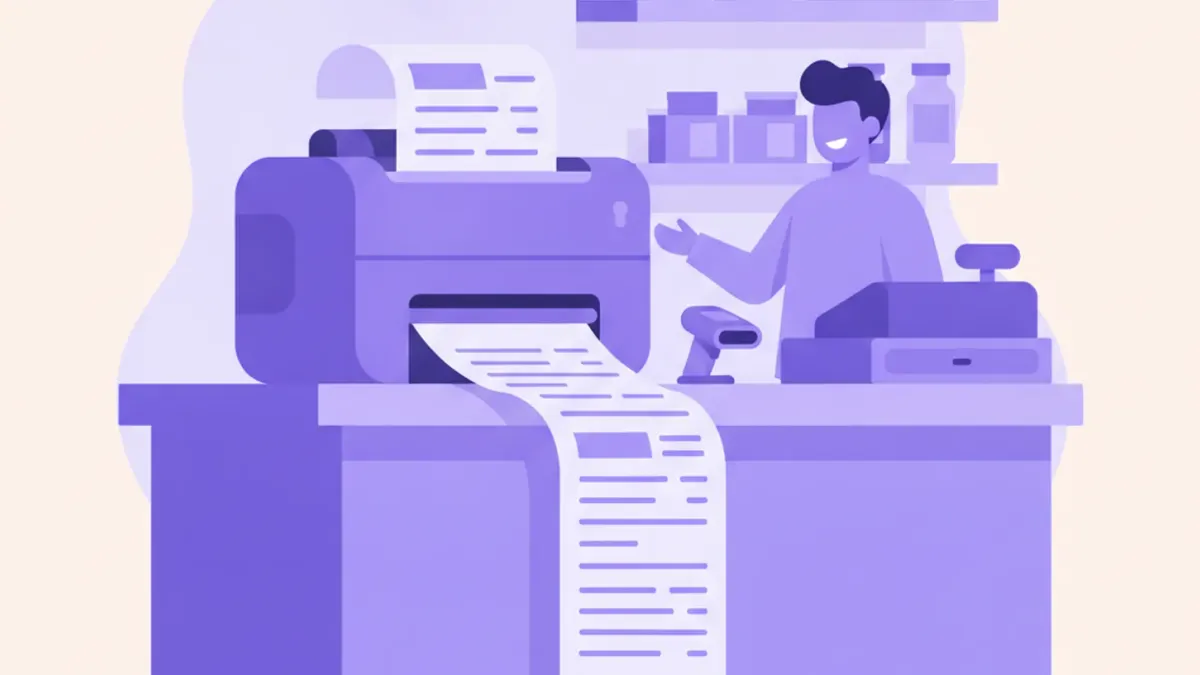 Ilustración de una impresora térmica de tickets sobre el mostrador de un comercio imprimiendo un ticket de venta